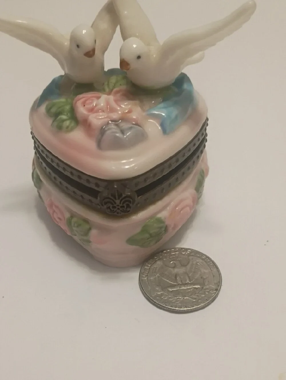 Vintage Ceramic Love Birds Trinket Box with Pink Rose Accents Hinged